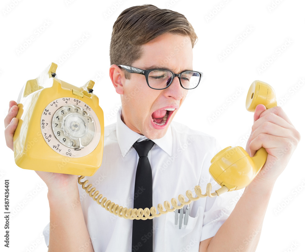 Poster geeky businessman shouting at retro phone