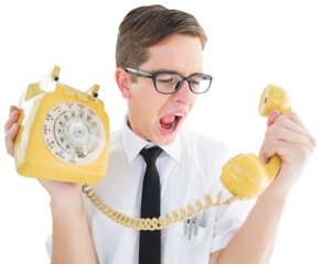 Geeky businessman shouting at retro phone