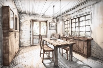 Fototapeta na wymiar Architect interior designer concept hand drawn incomplete project becomes farmhouse dining room with table and chairs. Boho plaster walls,. Generative AI