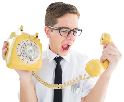 Geeky businessman shouting at retro phone