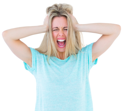 Furious blonde standing and yelling 