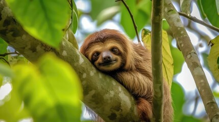 Fototapeta premium Baby sloth in tree. Generative AI