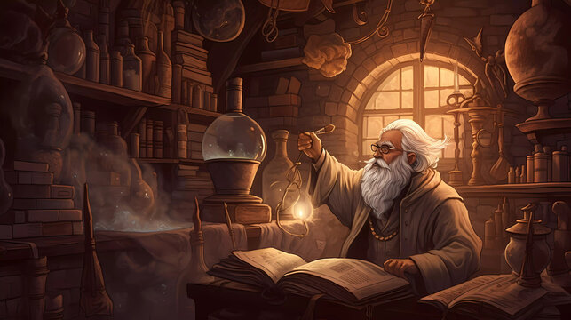 One alchemist working on a science project. Generative AI.