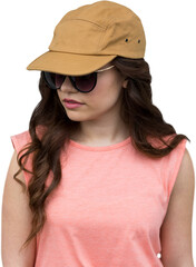 Attractive model wearing cap and sunglasses