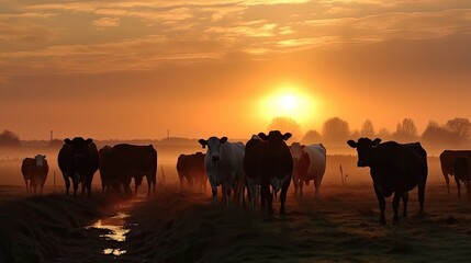 Cows in sunset. Generative AI