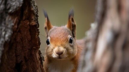 Naklejka na ściany i meble Curious red squirrel peeking behind the tree. Generative AI