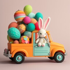 Truck, bunny, Easter eggs, balloons, bright colors, cute appearance, funny patterns, cozy design, soft plush, colorful details, playful style, original decoration, creative approac Generative AI