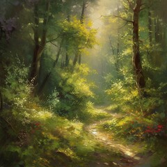 Fototapeta na wymiar Enchanting painting, summer forest, deciduous trees, coniferous trees, colorful crowns, green foliage, fresh air, quiet atmosphere, solitude, bright contrast, dark shadows, bright Generative AI