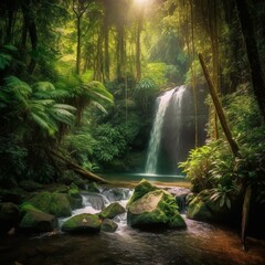 Waterfall forest nature tropical background jungle wallpaper Generative AI