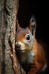 Naklejka na ściany i meble Curious red squirrel peeking behind the tree. Generative AI