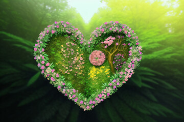 heart made by plants, flowers, trees and bushes, Generative ai