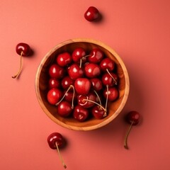 Obraz na płótnie Canvas Top view on ripe sweet cherries in wooden bowl in sunlight on red background. Generative AI
