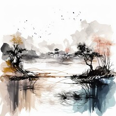 Abstract background ink line decoration painting landscape artistic conception Generative AI