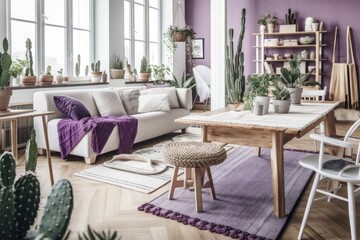 Fototapeta premium White and purple wooden farmhouse living and dining room. Cloth couch, table, chairs, and décor. Modern decor,. Generative AI