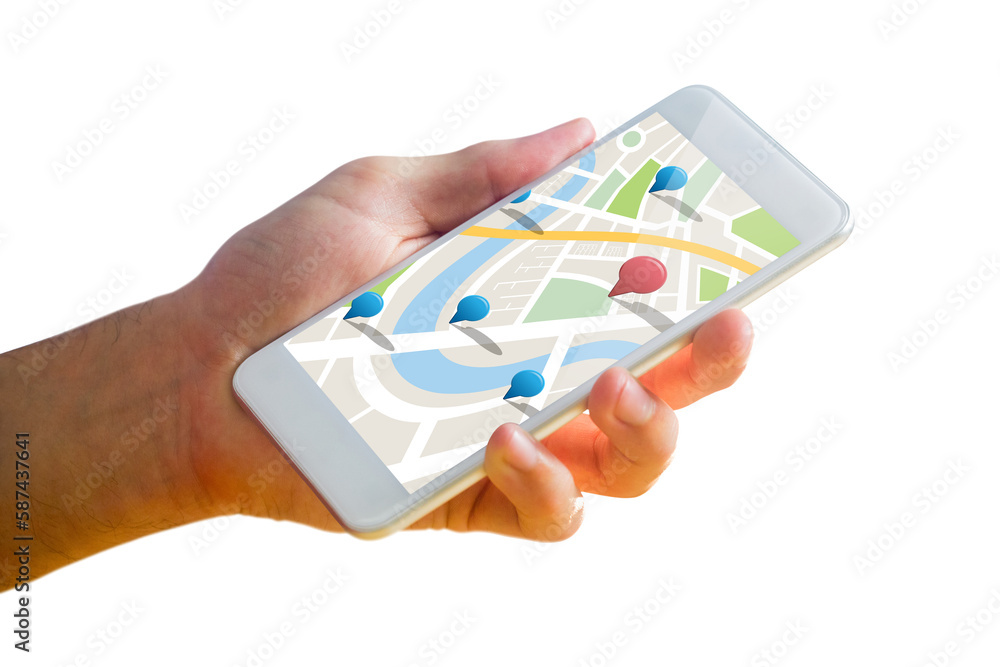Poster man using map app on phone