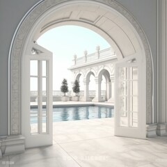 Classic luxury outdoor pool entrance arch. Looking in, there was an open door.3d rendering Generative AI