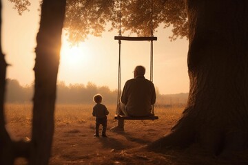 a child on the swing and his grandmother looking at him, photo of the back, sunlight, sunset, generative IA