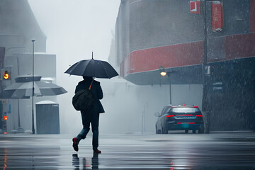 The man is carrying an umbrella in the quiet city because of the rain, Generative AI
