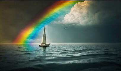  a sailboat in the ocean with a rainbow in the sky.  generative ai