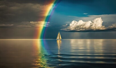  a sailboat in the ocean with a rainbow in the background.  generative ai