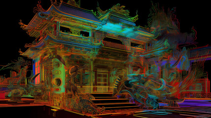 Neon Chinese architecture. Generative AI.