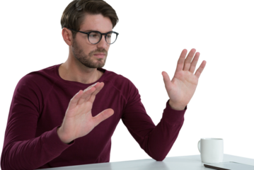 Man pretending to use an invisible screen