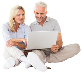 Cheerful couple using laptop