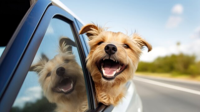 Happy dog with head out of the car window. Generative AI