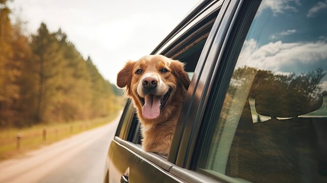 Happy dog with head out of the car window. Generative AI