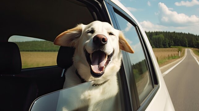 Happy dog with head out of the car window. Generative AI