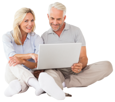 Cheerful couple using laptop