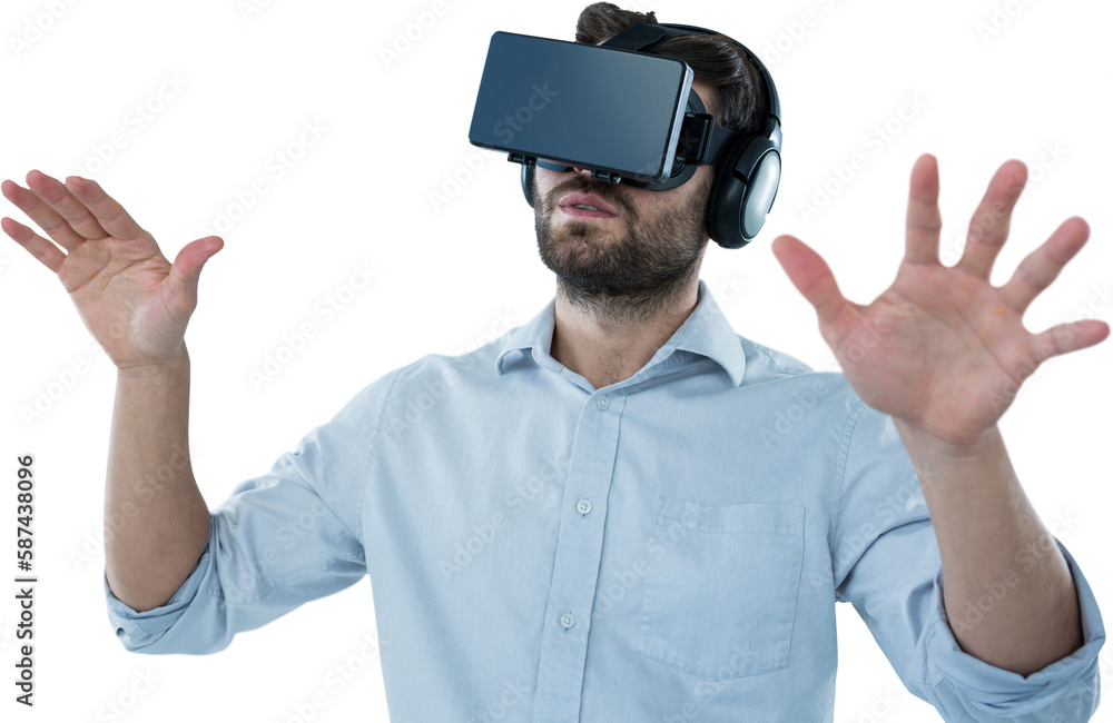 Aufkleber man gesturing while using black virtual reality headset