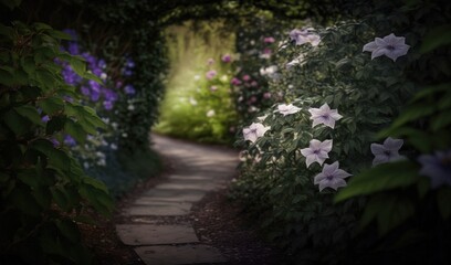  a pathway that has flowers on both sides of it and a light at the end of the tunnel.  generative ai