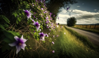 Naklejka premium purple flowers growing on the side of a road next to a lush green field. generative ai
