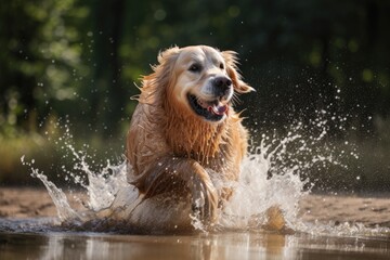 A huge golden retriever is pictured playing. Generative AI