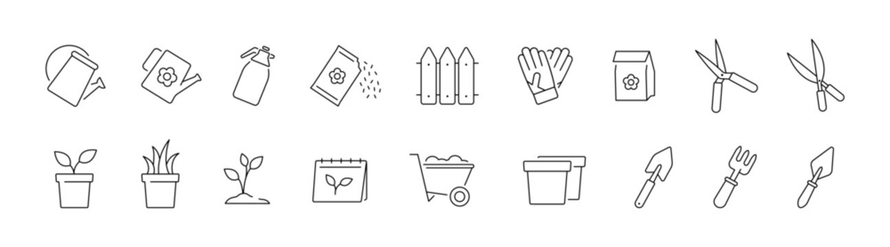 Garden outline icon set. Garden seeding, tools. Watering can, secateur, pot plant. EPS 10