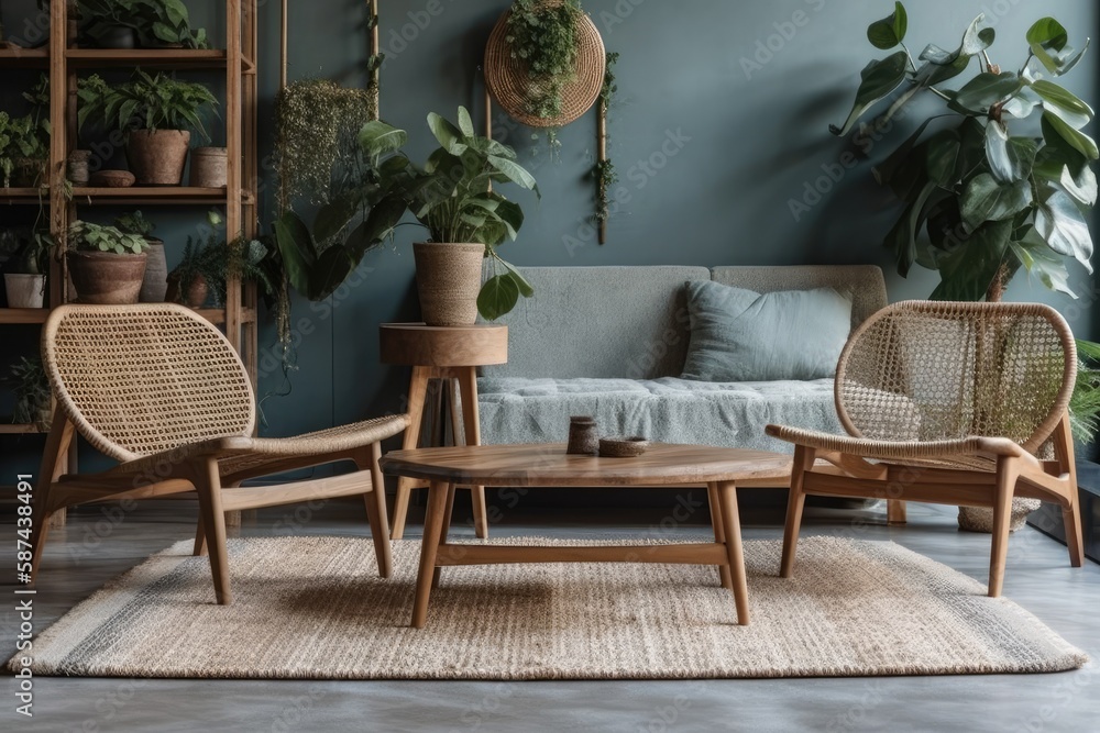 Sticker Beautiful living room with wooden chairs and houseplants. Generative AI