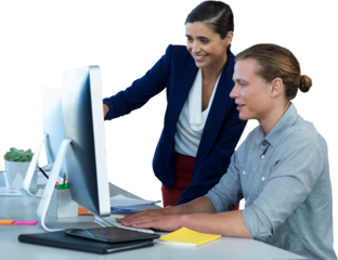 Business woman explaining to colleague over computer against white background