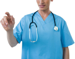 Mid section of female nurse touching an invisible screen