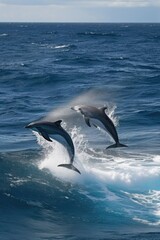 Fototapeta premium Playful dolphins jumping over breaking waves. Generative AI