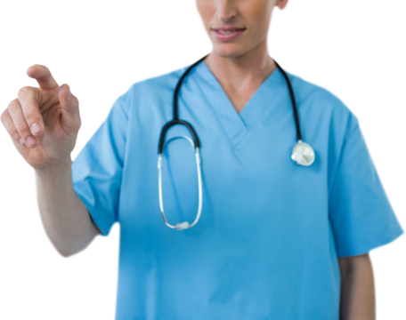 Mid section of female nurse touching an invisible screen
