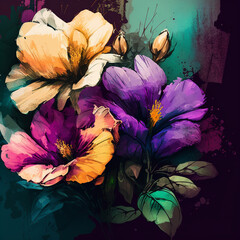 Original floral vibrant design with exotic flowers and tropic leaves. Colorful flowers on dark background.