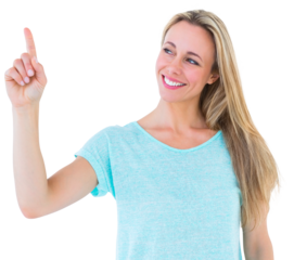 Portrait of smiling blonde pointing up