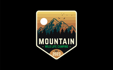Mountain wild life camping design label, emblem or logo design vector template. outdoor activities icon. 