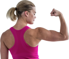 Rear view of muscular woman flexing muscles 