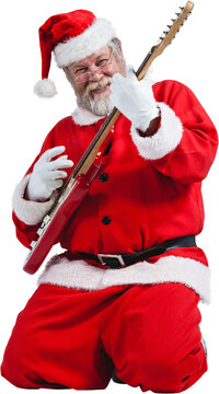 Cheerful Santa Claus kneeling and playing guitar