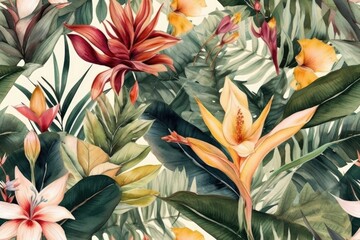 tropical flowers and leaves in a watercolor painting style. Generative AI