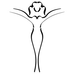 young graceful slender woman in a long dress stands with her arms raised like birds, abstract black sketch