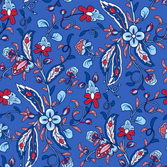 Tribal seamless floral pattern. Chain of flowers and leaves. Texture Indian motifs on a blue background. Template for textile, paper, wallpaper.