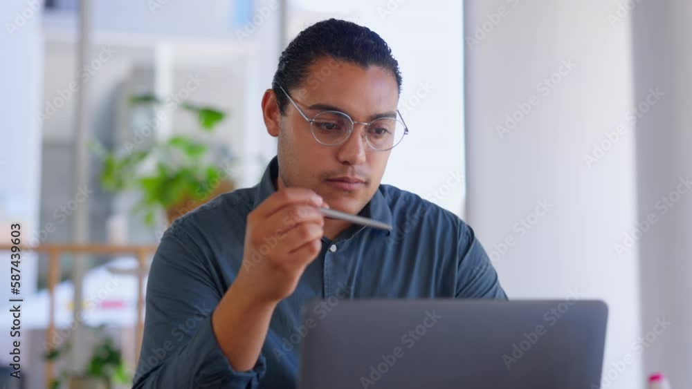Poster creative serious man, laptop and thinking in business for strategy, planning or idea at the office d